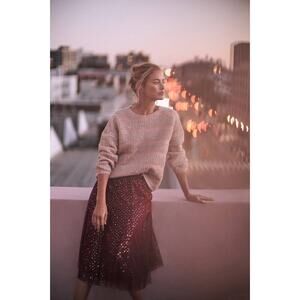 MOTH Shimmer Stripe Pullover Sweater Size S Beige Petal Pink Silver Sparkle